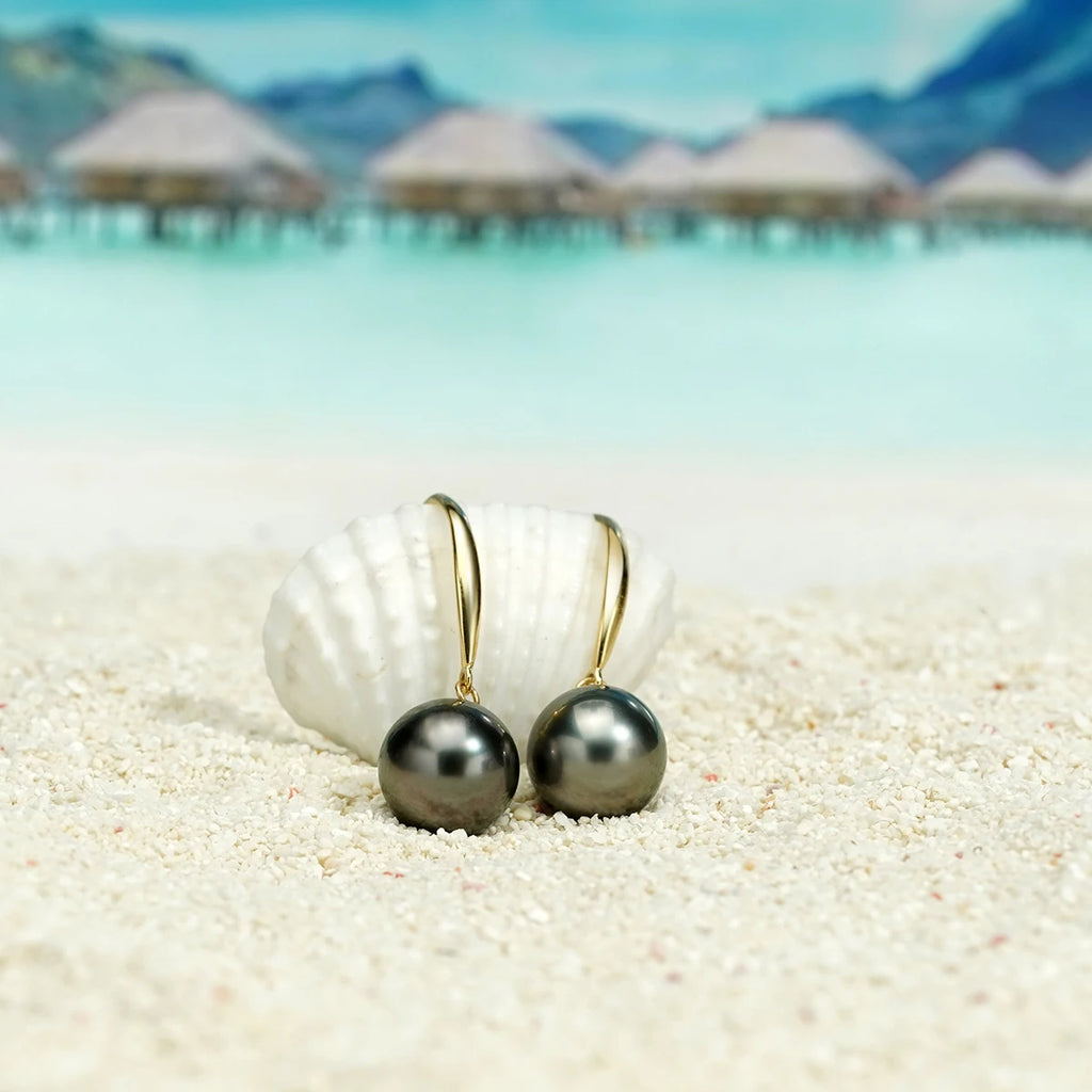18K Solid Gold 9-10 mm 8-9mm Tahitian Black Pearl Drop Earrings