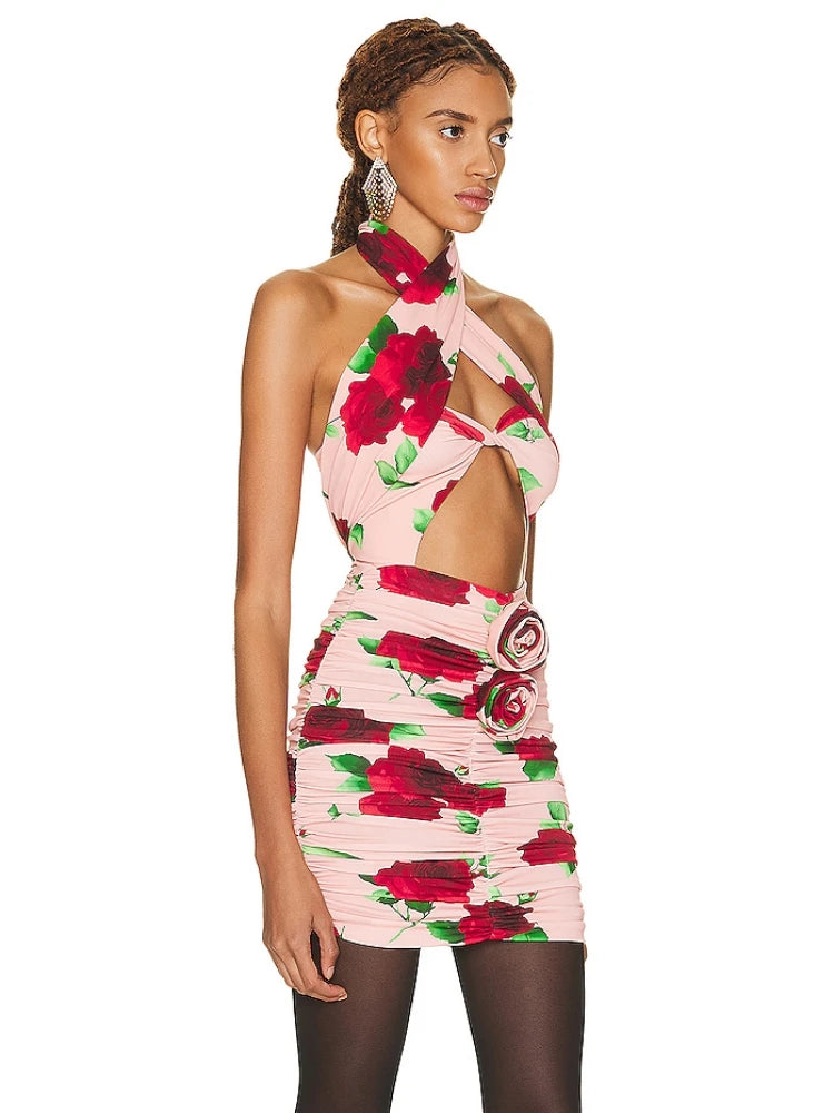 Summer Halter Floral Print Mini Dress