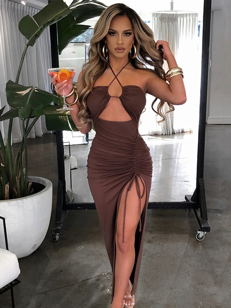 slim fit dress slacks Elegant temperament off-shoulder sexy halter neck dress women's body-f –  Lee Nhi Boutique main image 0