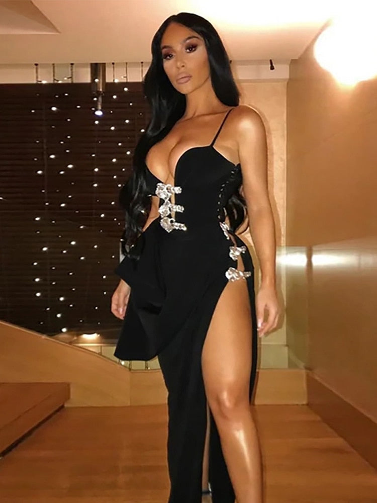 Sexy Spaghetti Strap Bandage Dress with Crystal Diamond