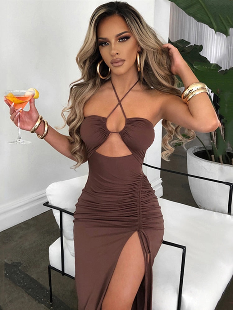 Sexy Halter Backless Sleeveless Cut Out Maxi Dress