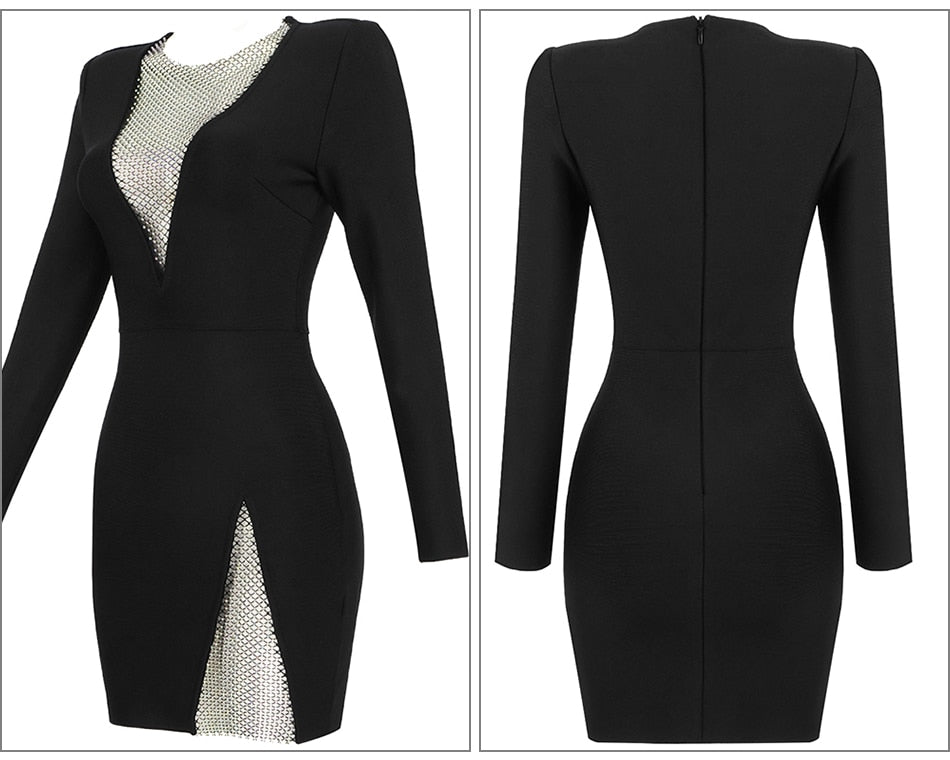 Sexy V-neck Mesh Diamond Long Sleeve Bodycon Bandage Dress