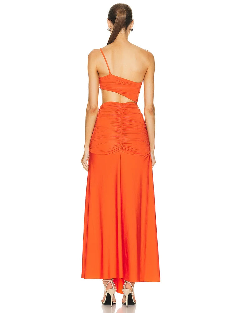Elegant Diagonal Collar Sleeveless Orange Long Dress