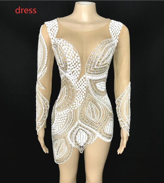 Luxurious Silver White Crystals Dress Sexy Transparent Evening