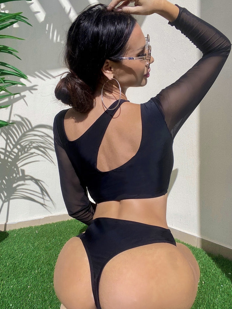 Sexy Black Two Piece Mesh Long Sleeve