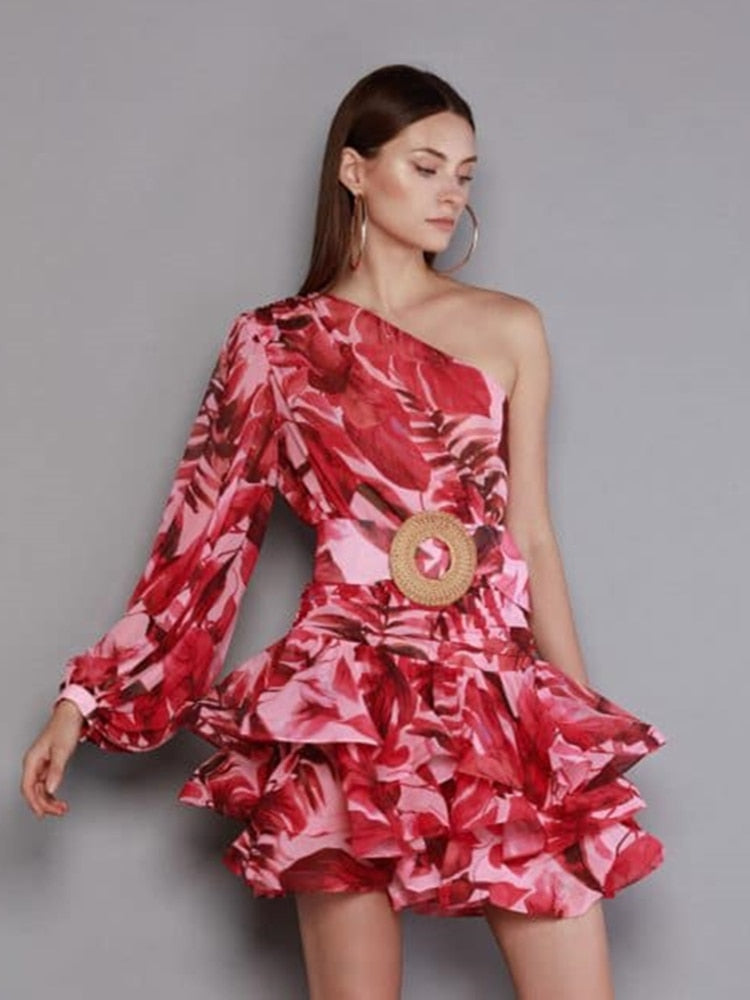 Sexy Diagonal Long Sleeve Floral Slim Dress