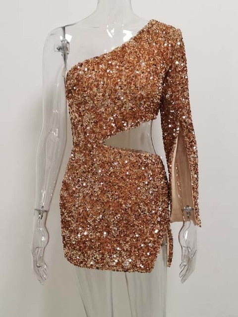 One Shoulder Glitter Cut Out Sequin Mini Dress